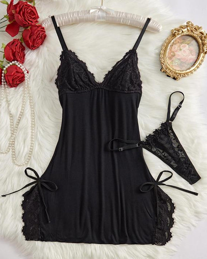Marcelaya – Bow Decor Contrast Lace Nightdress Set