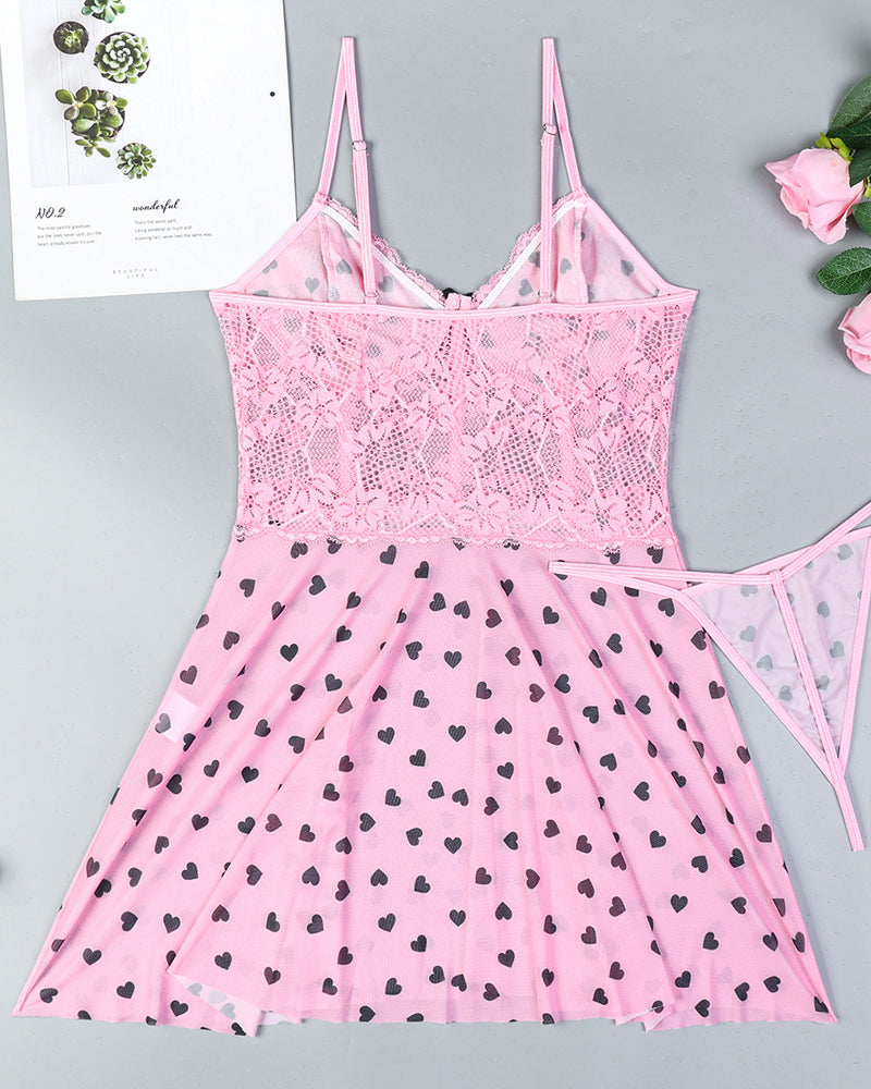 Vivara – Heart Print Lace Nightdress Set