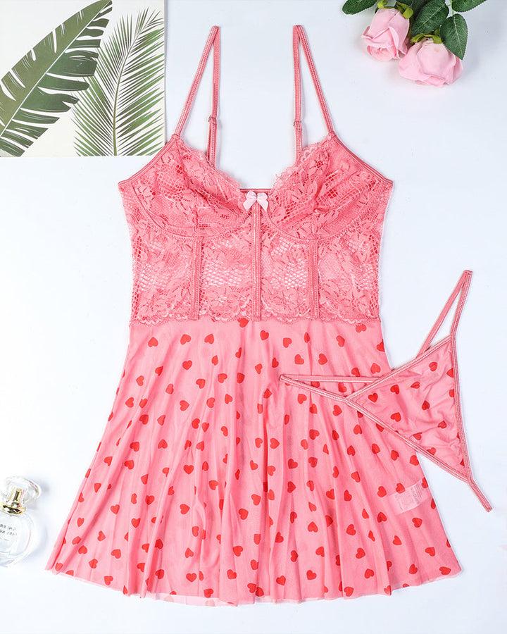 Vivara – Heart Print Lace Nightdress Set
