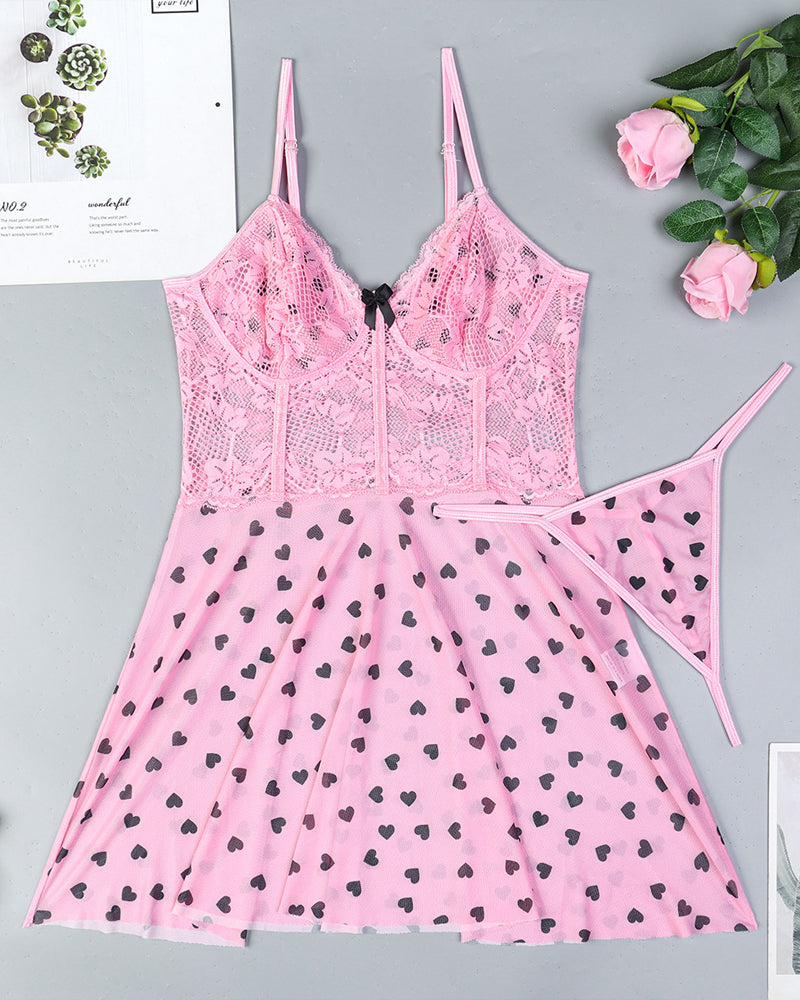 Vivara – Heart Print Lace Nightdress Set