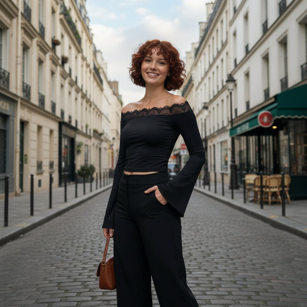 Delicate Lace Trim Top – Black