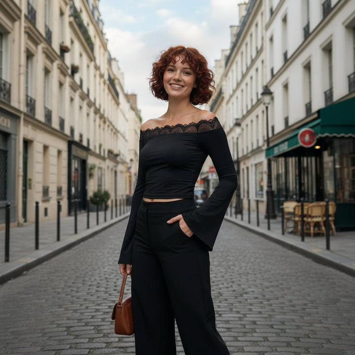 Delicate Lace Trim Top – Black