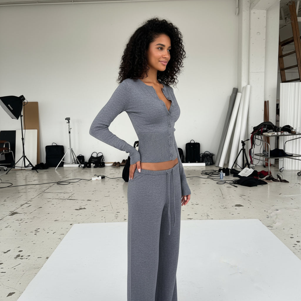 Wool Blended Cardigan - mottled grey