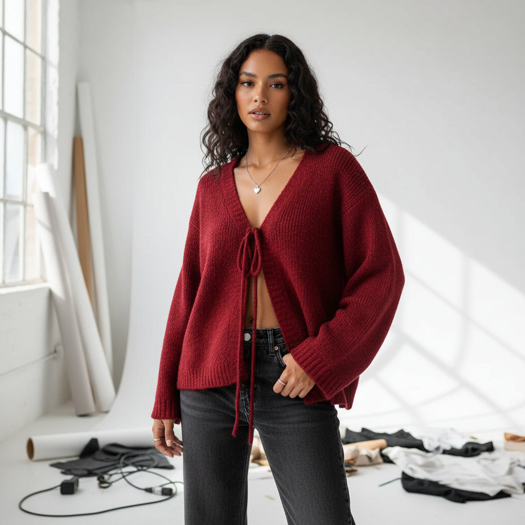 Draped Tie-Front Knit Cardigan