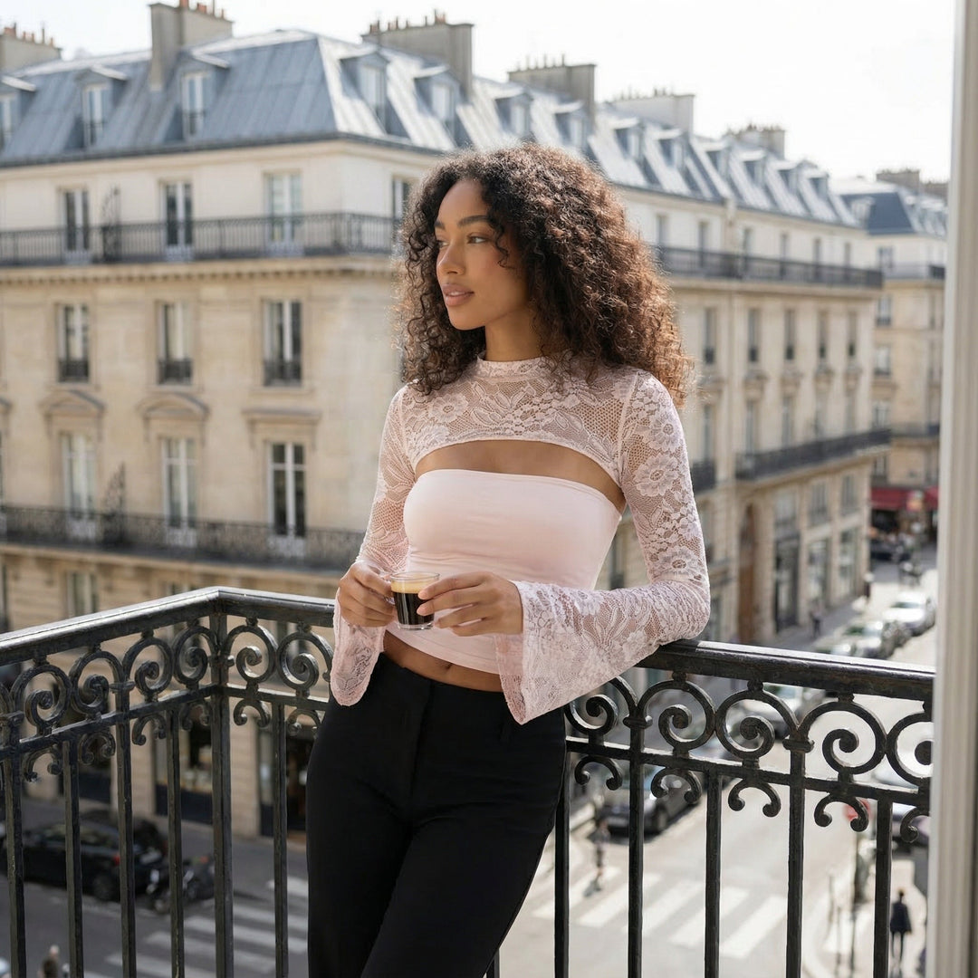 Long Sleeve Lace Top - Pink
