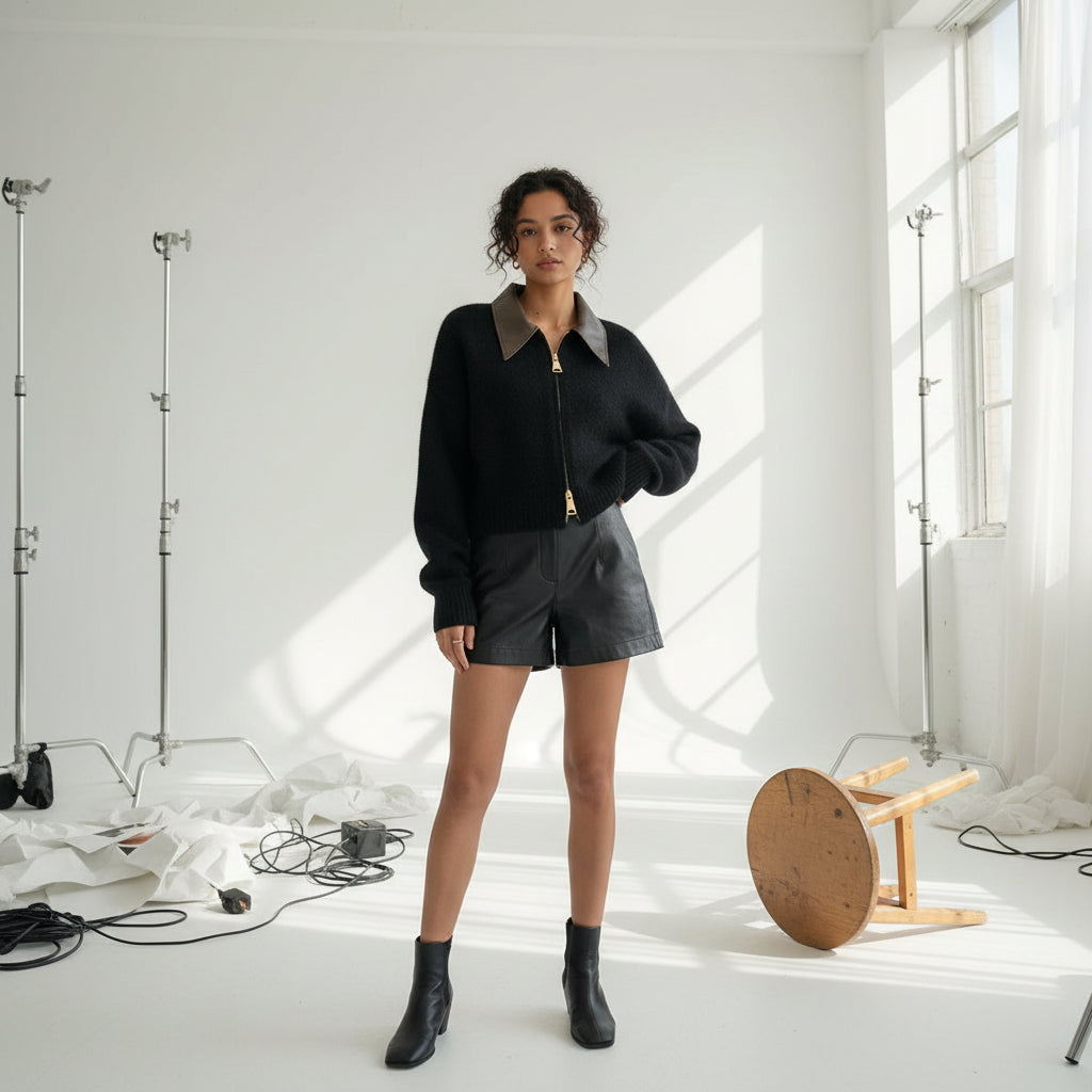 Faux Leather Collar Zip Cardigan