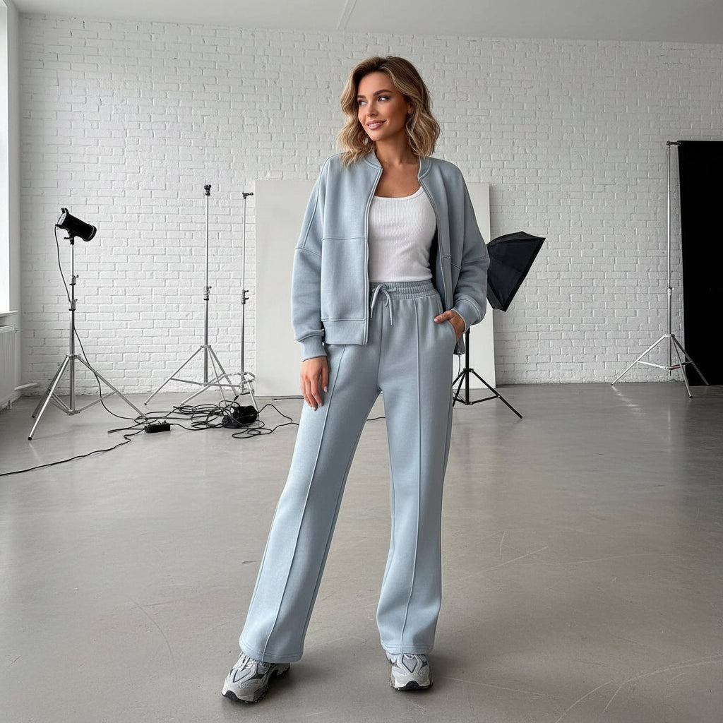 Zip Sweat & Wide Jogger Set - dusty blue