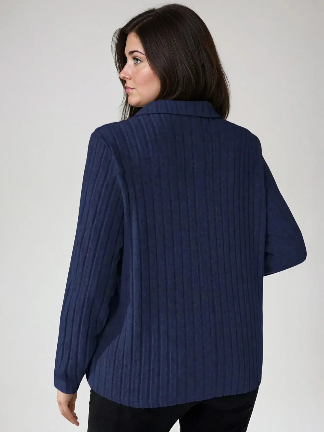 Plus Size Ribbed Turndown Collar Long Sleeve Tee Casual