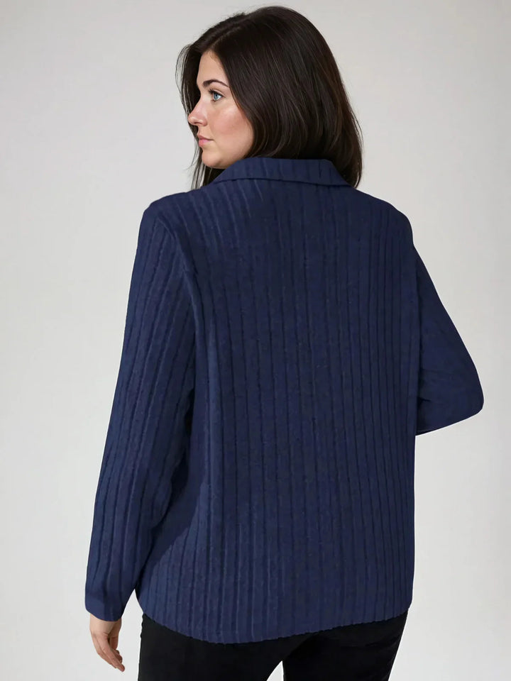 Plus Size Ribbed Turndown Collar Long Sleeve Tee Casual