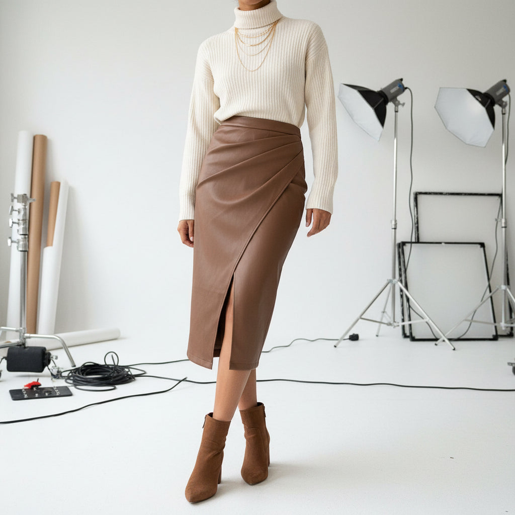 Edge Pleated Vegan Leather Skirt