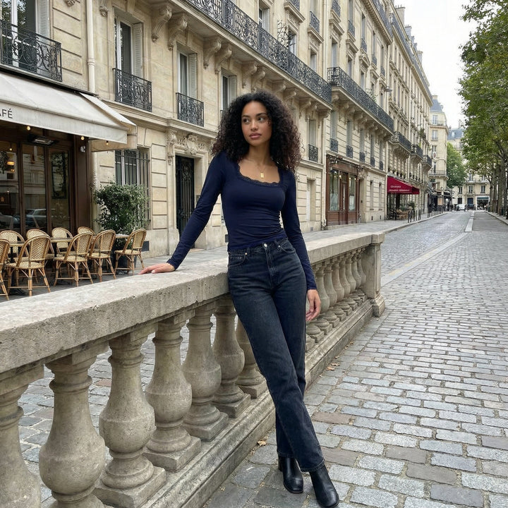 Soft Lace Trim Top - dark blue