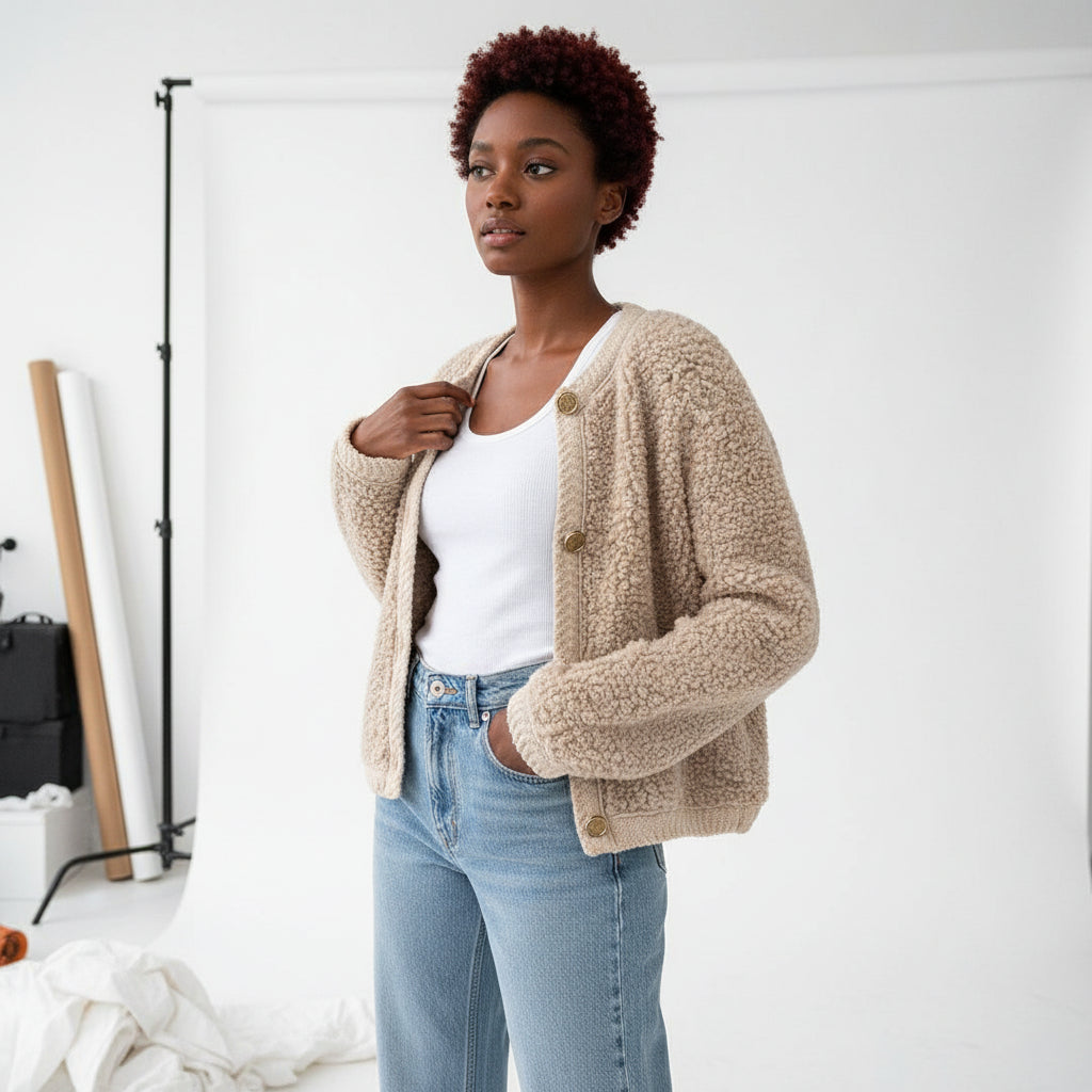 Textured Fleece Button Cardigan