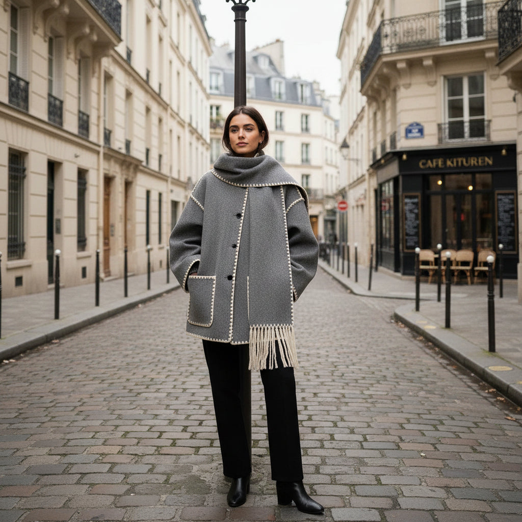 Fringe Scarf Wool Coat