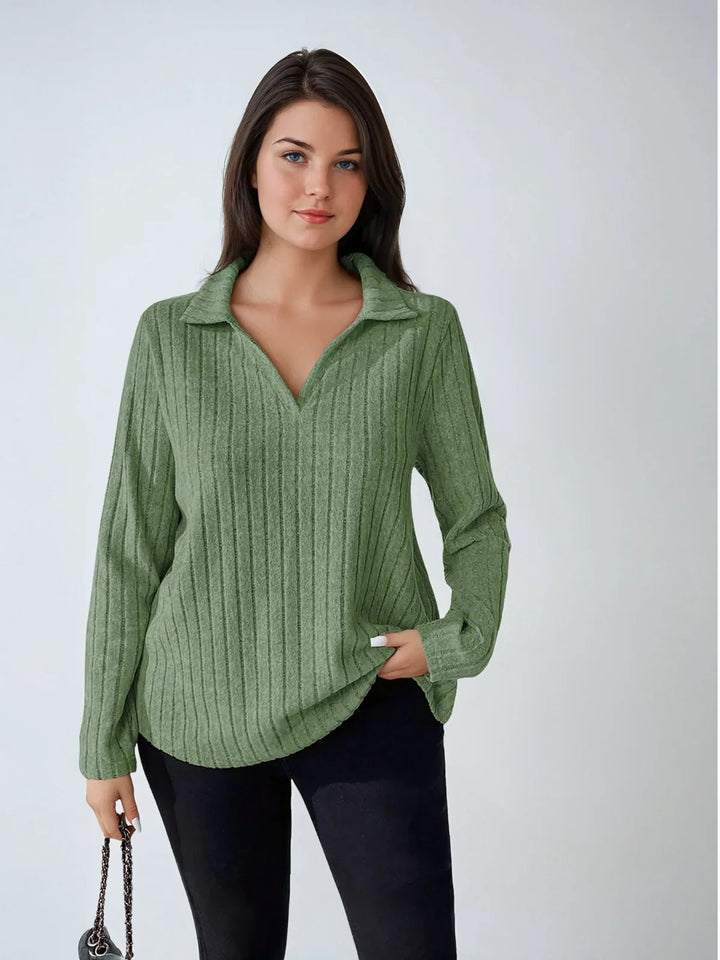 Plus Size Ribbed Turndown Collar Long Sleeve Tee Casual