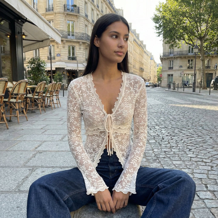 Sheer Mesh Lace Top - cream