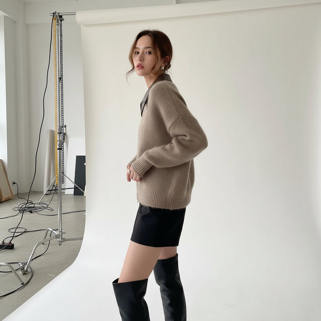 Faux Leather Collar Zip Cardigan