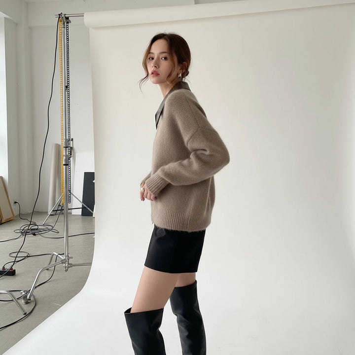 Faux Leather Collar Zip Cardigan