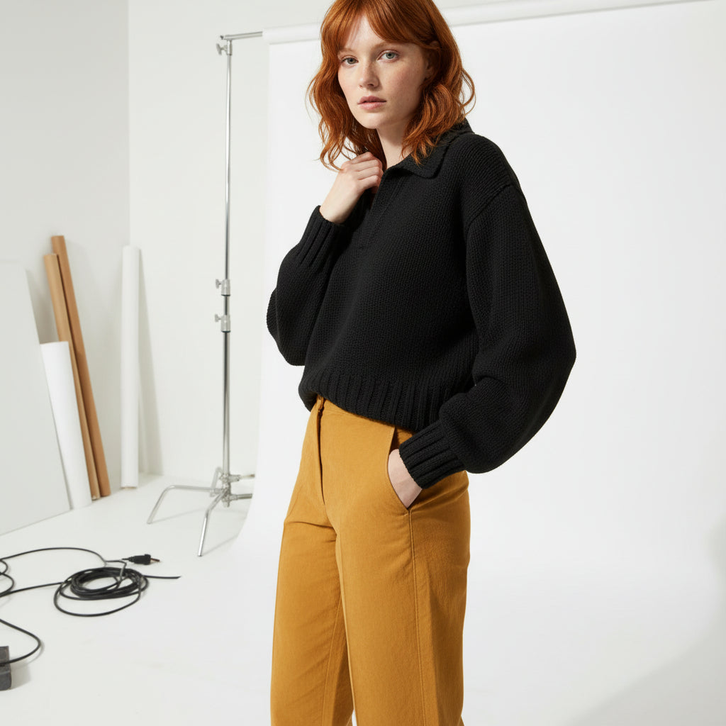 Lapel Structured Rib Knit Sweater