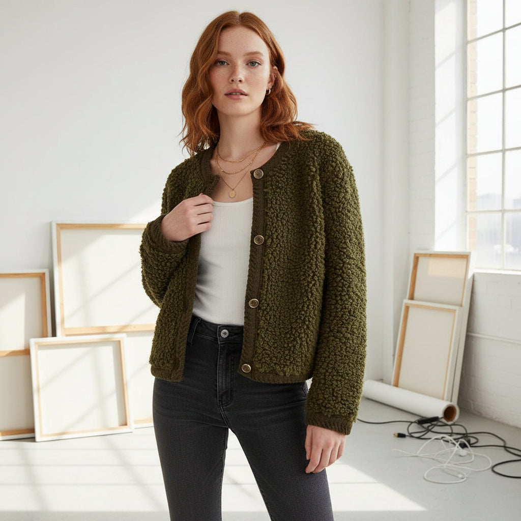 Textured Fleece Button Cardigan