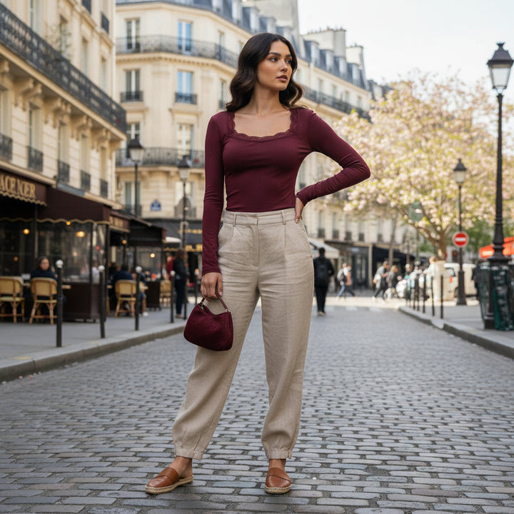 Soft Lace Trim Top - Burgundy