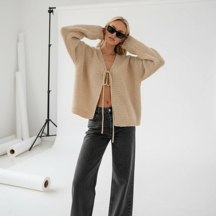 Draped Tie-Front Knit Cardigan