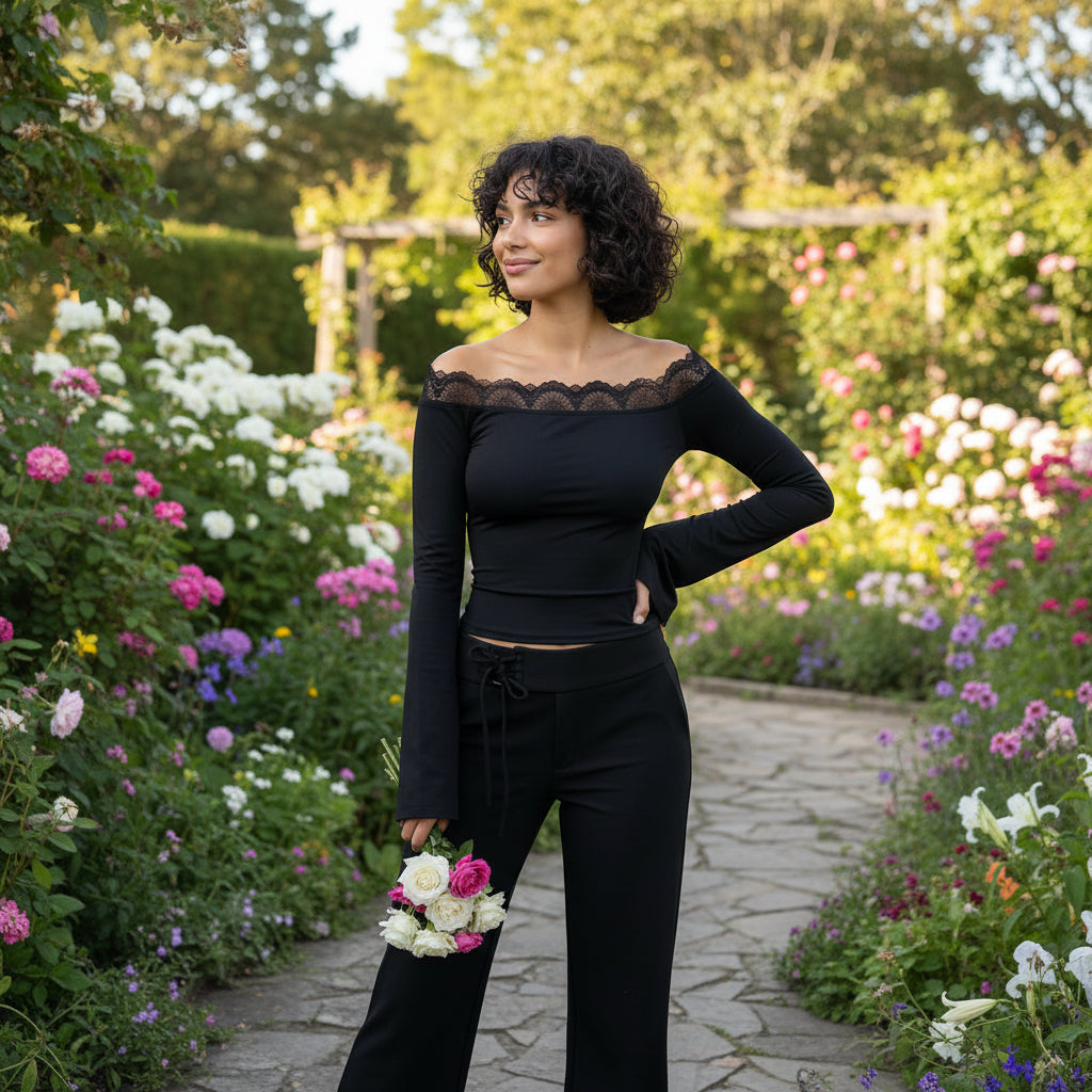 Delicate Lace Trim Top – Black