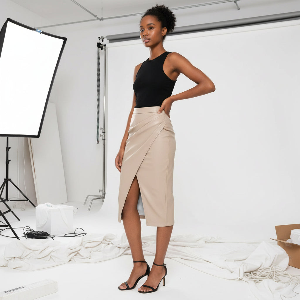 Edge Pleated Vegan Leather Skirt