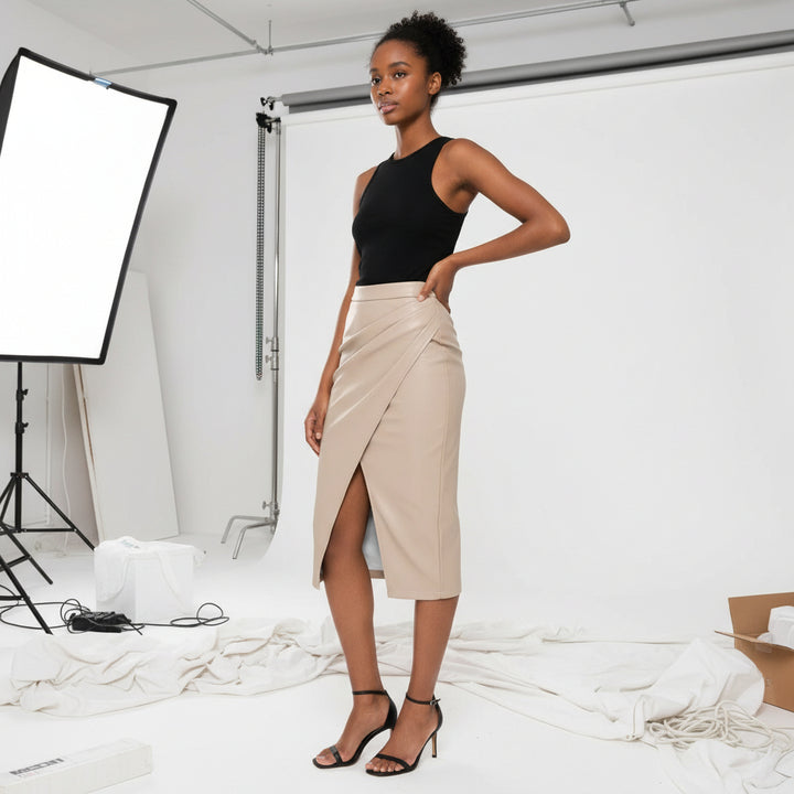 Edge Pleated Vegan Leather Skirt