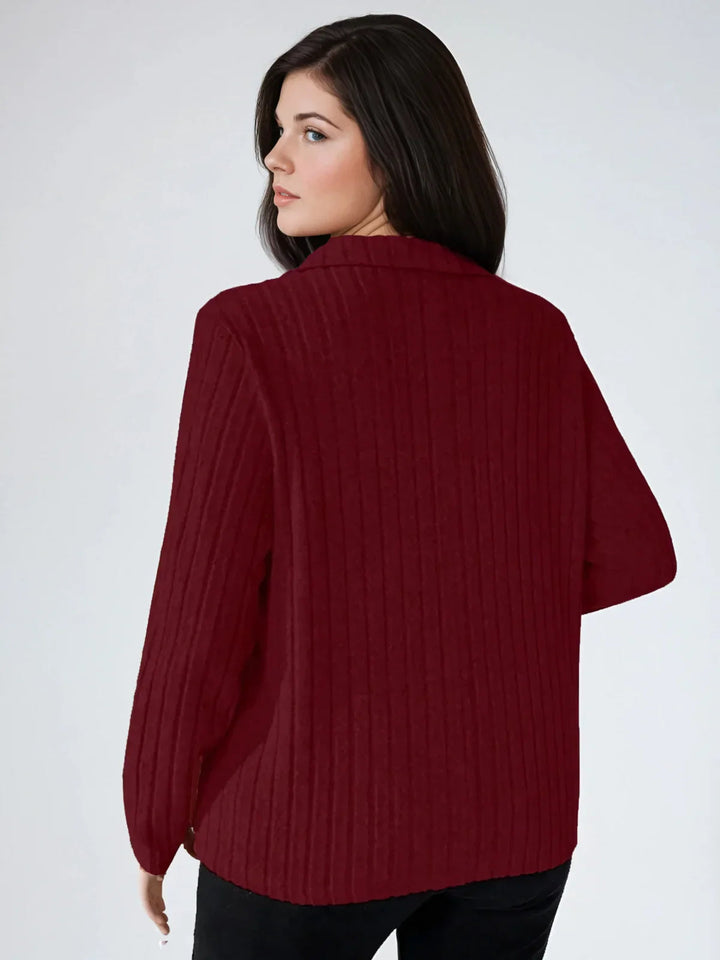 Plus Size Ribbed Turndown Collar Long Sleeve Tee Casual