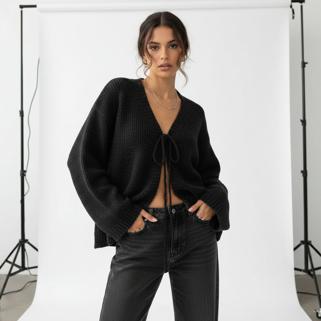 Draped Tie-Front Knit Cardigan