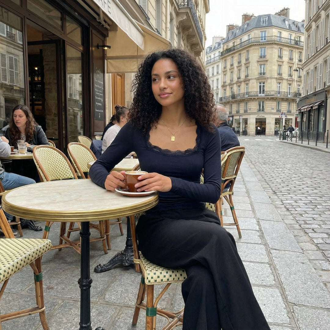 Soft Lace Trim Top - dark blue