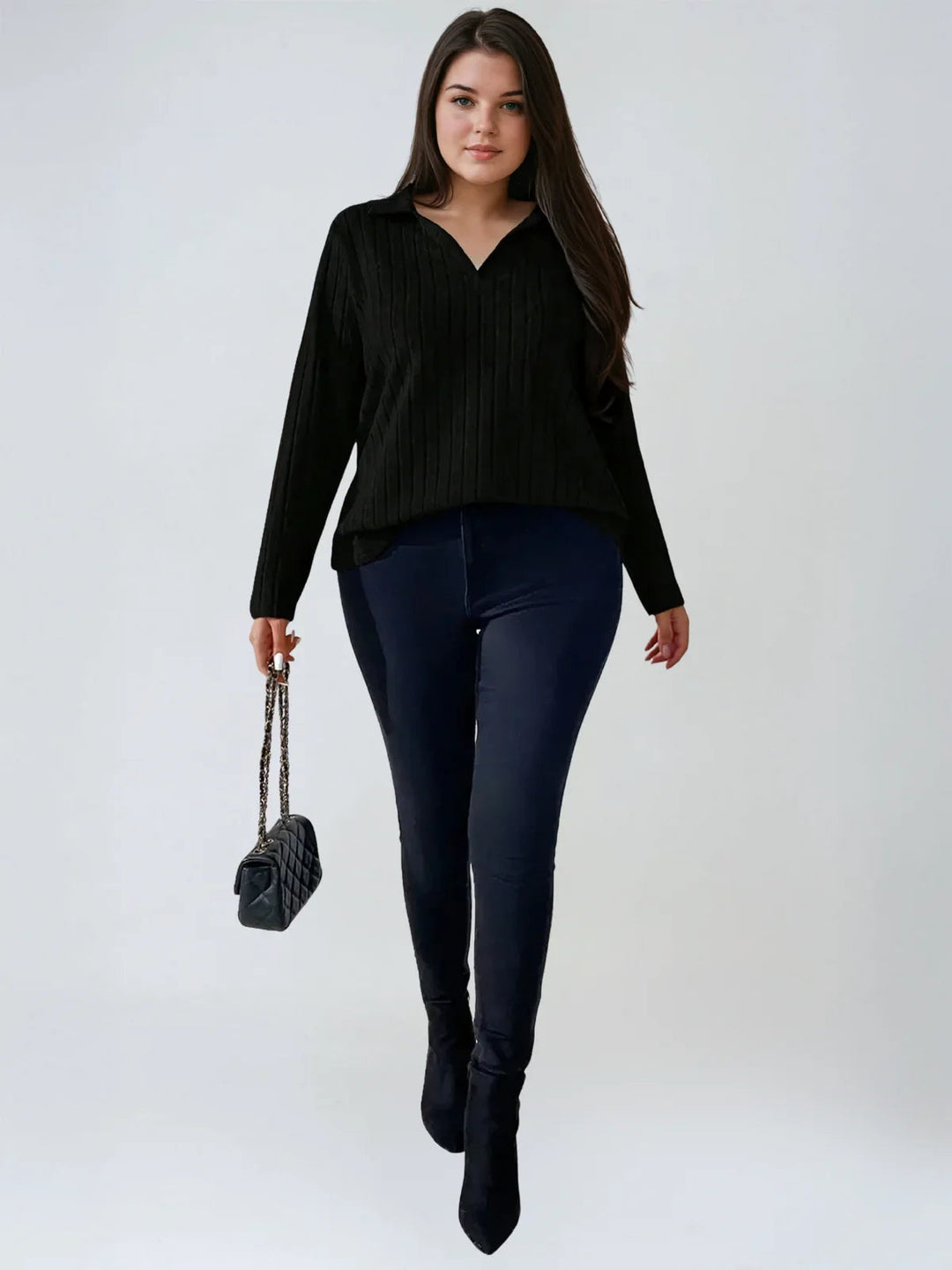 Plus Size Ribbed Turndown Collar Long Sleeve Tee Casual