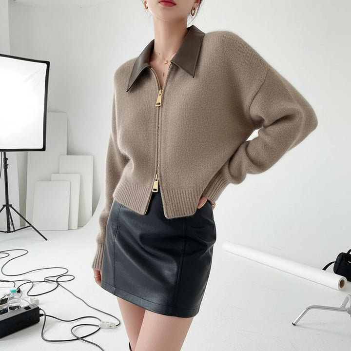 Faux Leather Collar Zip Cardigan