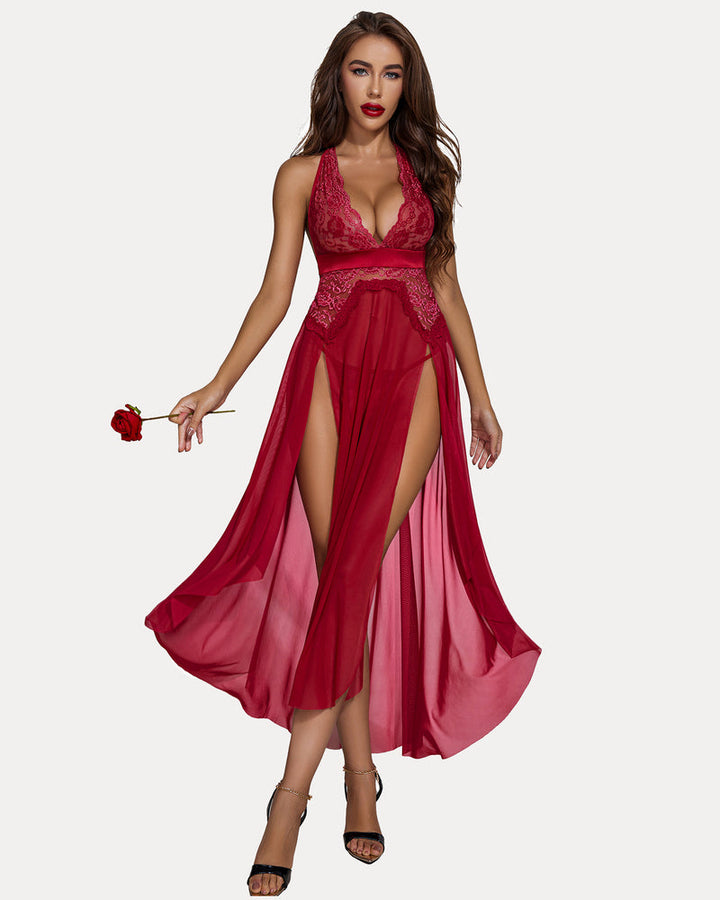 Deep V Neck Lace Mesh Dress