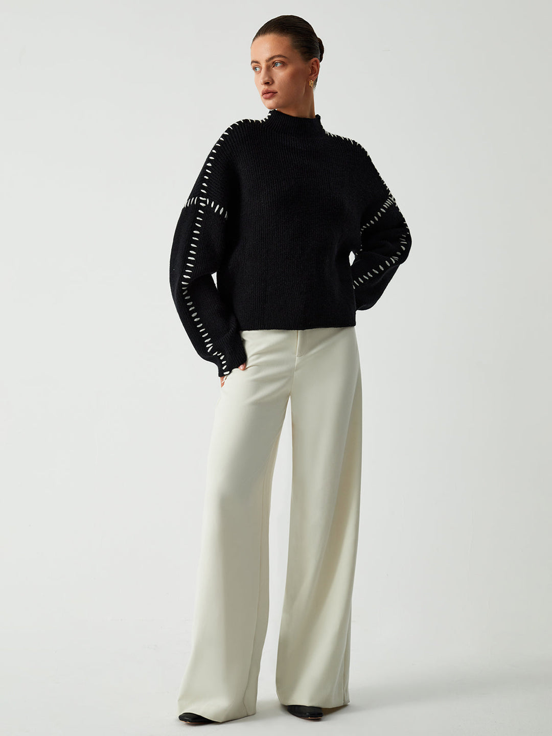 Oversized Stitched Detail Ribbed Sweater