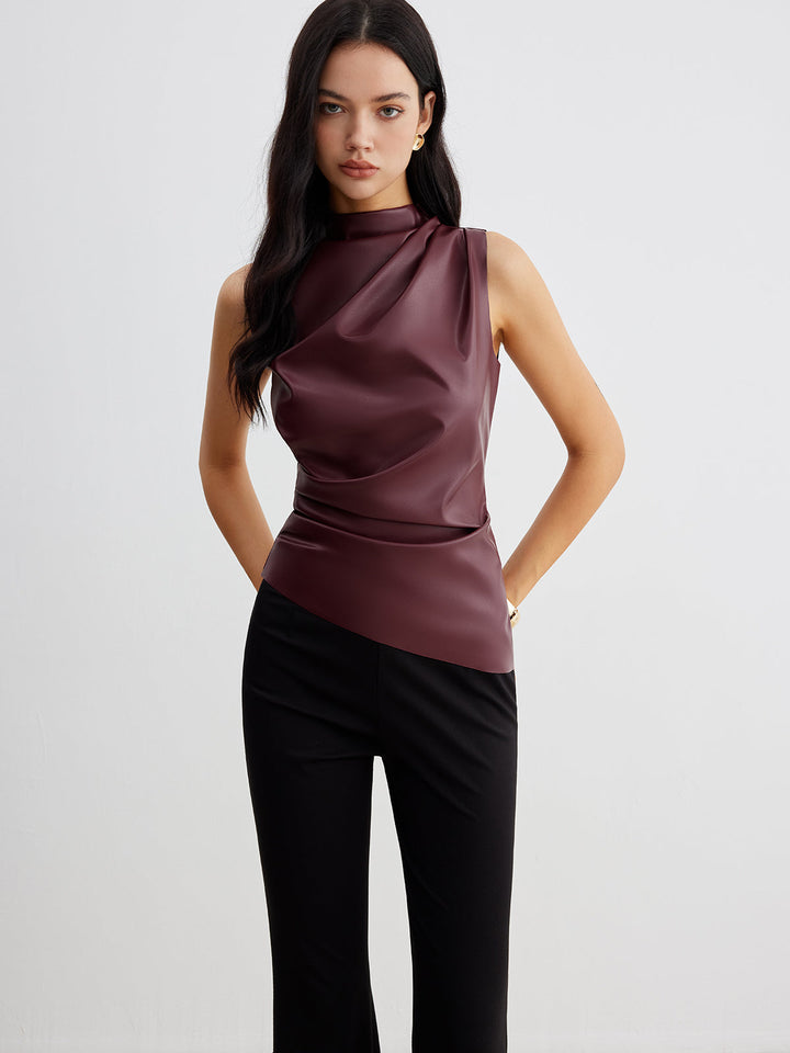 Crimson Faux Leather Draped Top