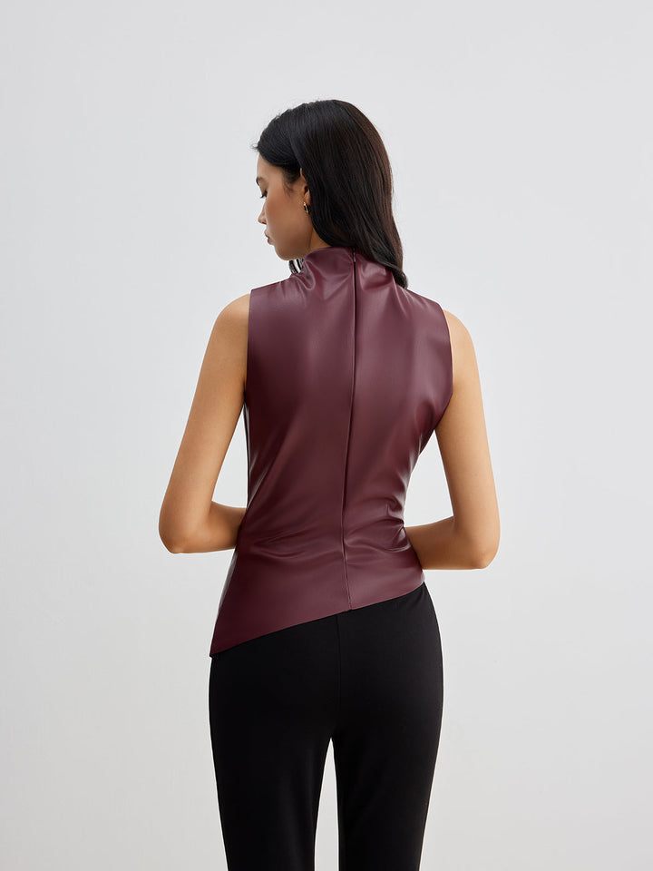 Crimson Faux Leather Draped Top