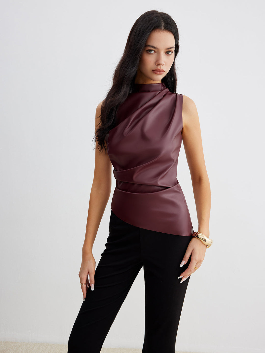 Crimson Faux Leather Draped Top