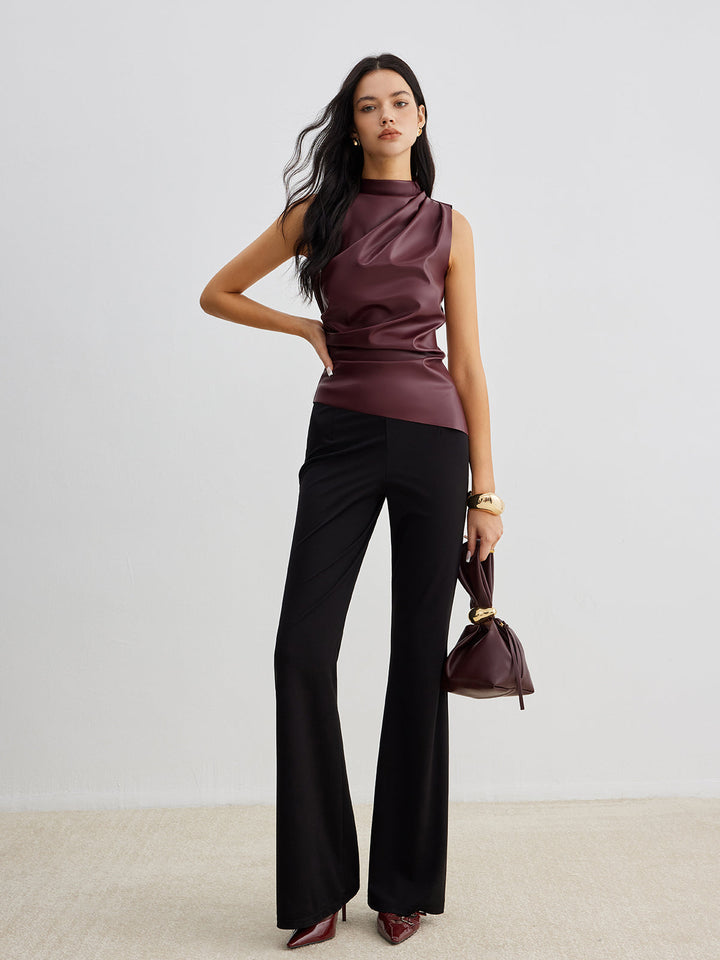 Crimson Faux Leather Draped Top