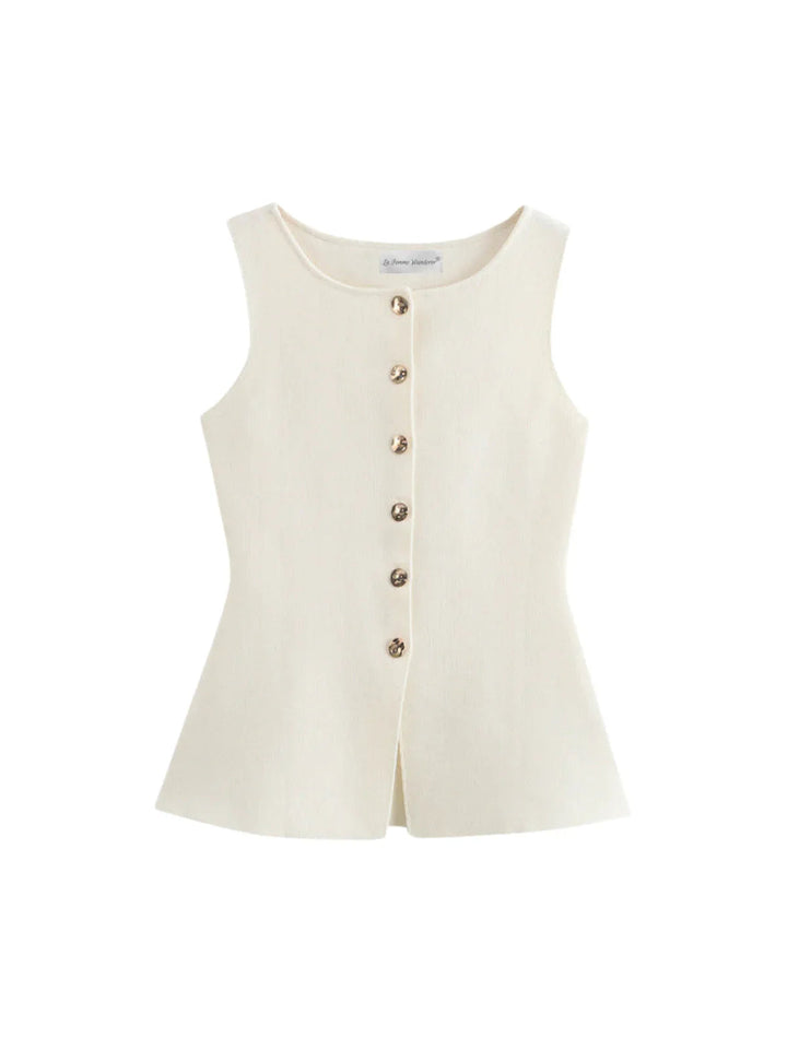 Sleeveless Square-Neck Buttoned Top With Split Hem
