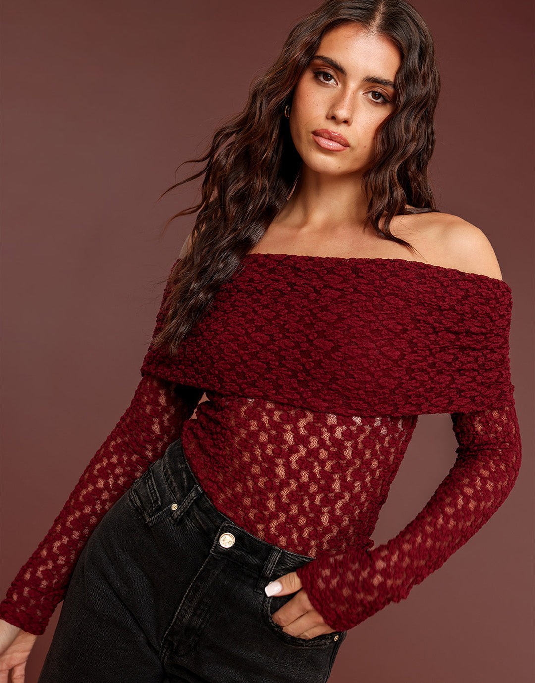 Burgundy Turn-down Off Shoulder - Top