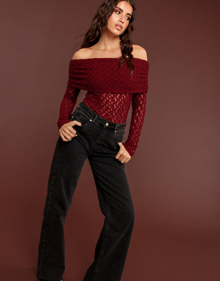 Burgundy Turn-down Off Shoulder - Top