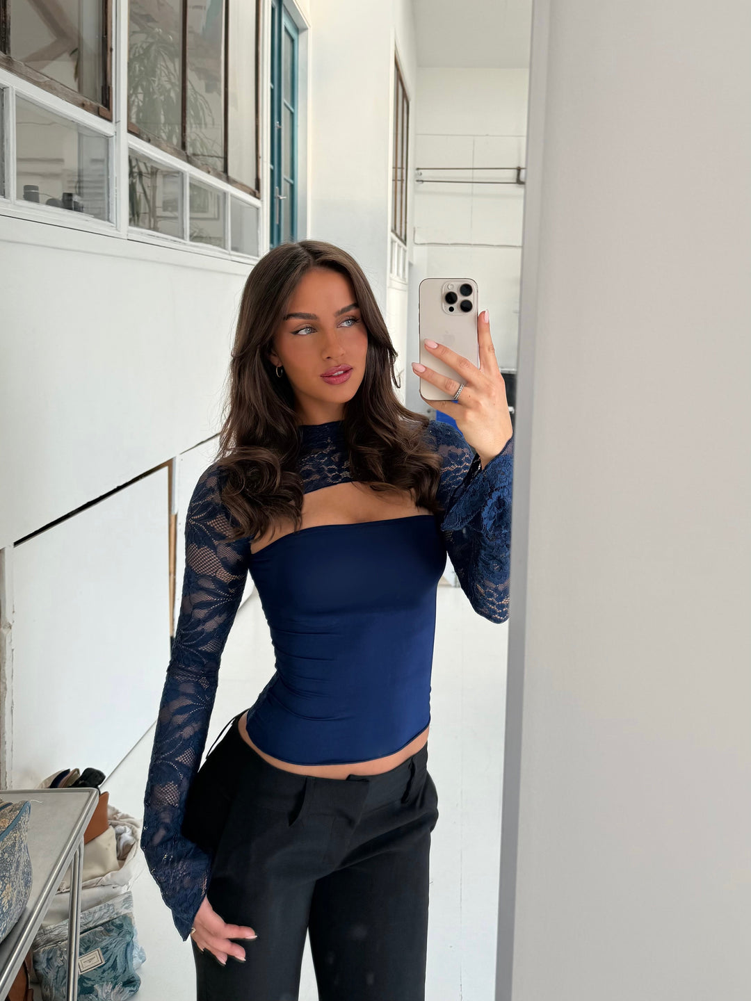 Lara lace long sleeve top - Dark blue