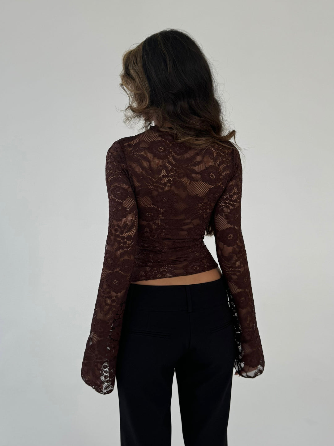 Lara lace long sleeve top - dark brown