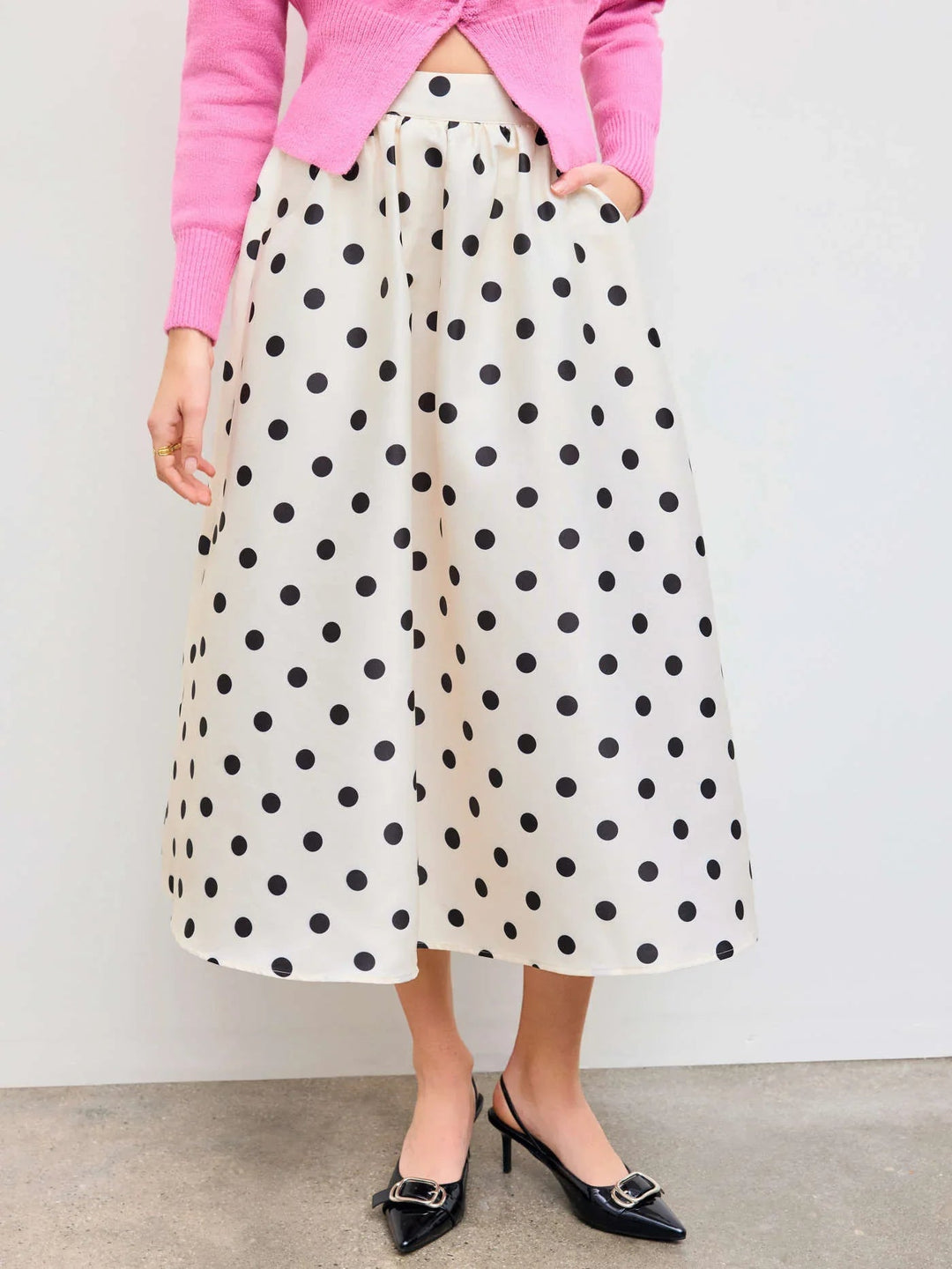 Mid Rise Polka Dot Pocket Ruffle Maxi Skirt