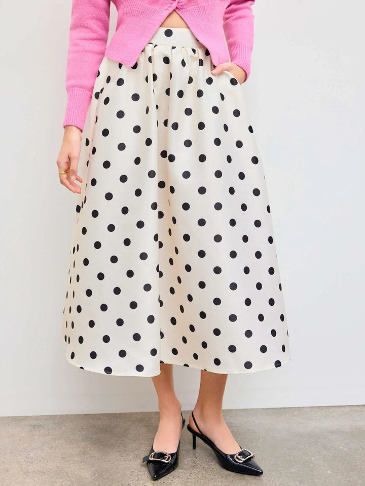 Mid Rise Polka Dot Pocket Ruffle Maxi Skirt
