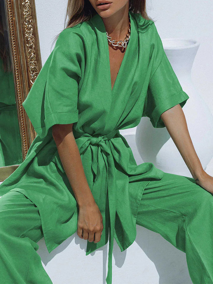 Belt Design Oversized Linen Tied Two Piece Pants Set