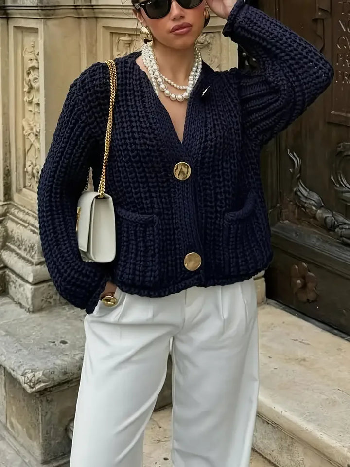 Navy Blue Elegant Hollow Cardigan
