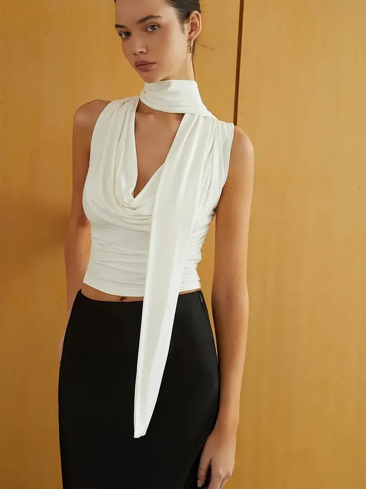 Collar Ribbon Spaghetti Sleeveless V-neck Top