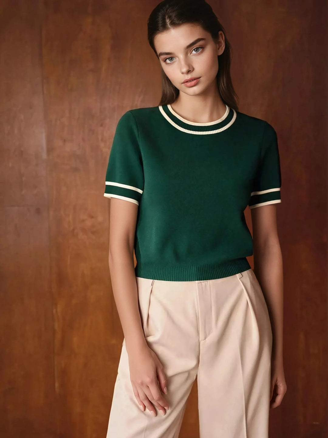 Knit Top With Contrast Trim Short Sleeves Modern Fit